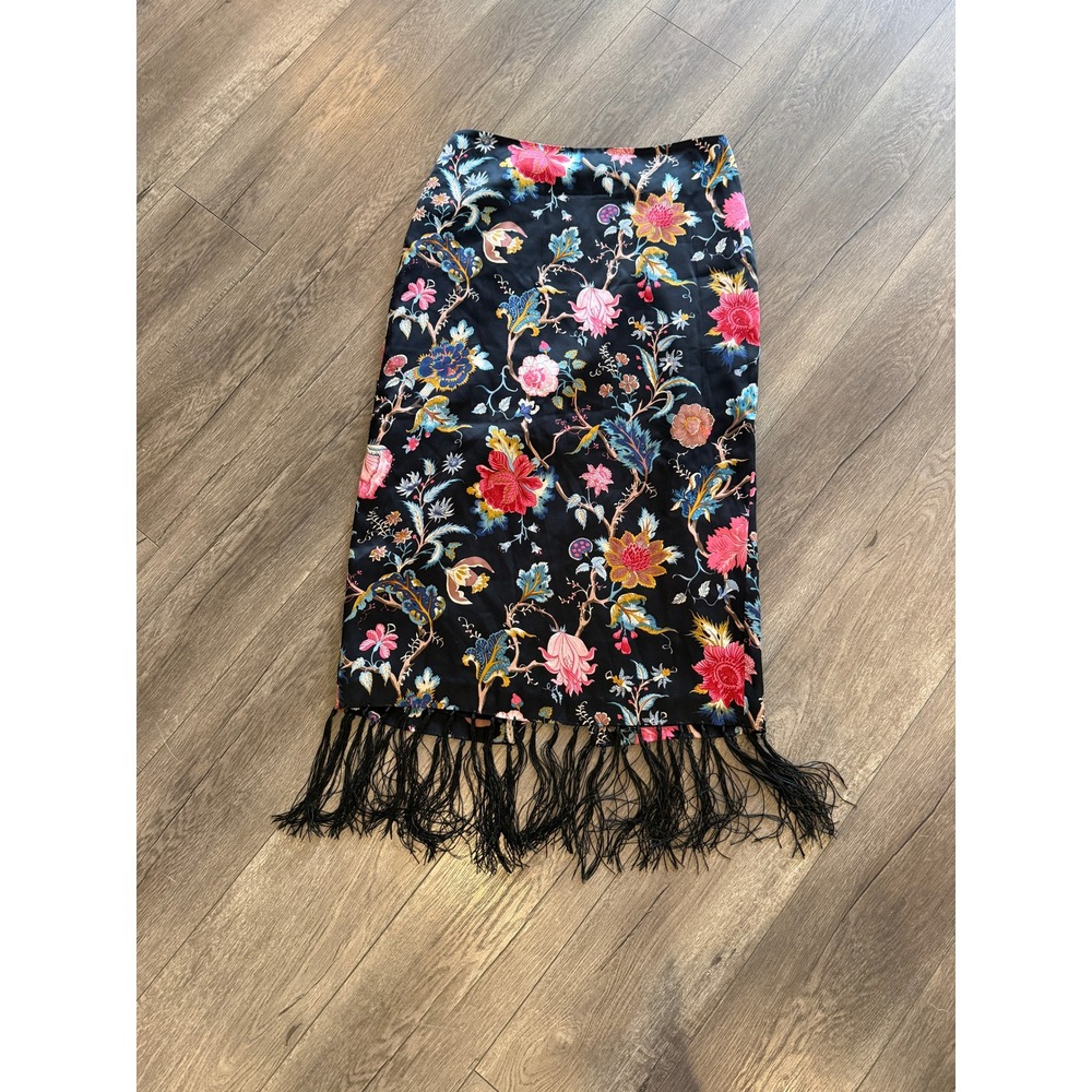 Kelly and Diane Womens Black Floral 100% Silk Fringe Midi Skirt sz 8 Chinoiserie